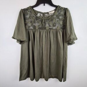 Indigo Rose Womens Floral Mesh Top‎ Size 2X Olive Green Lace Embroidered Shirt